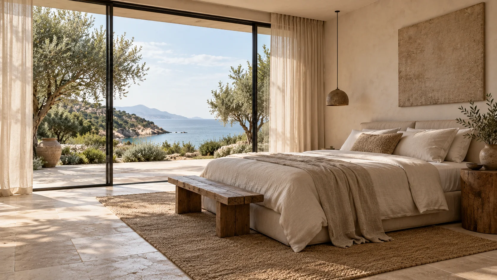 Fictional villa bedroom with coastal view