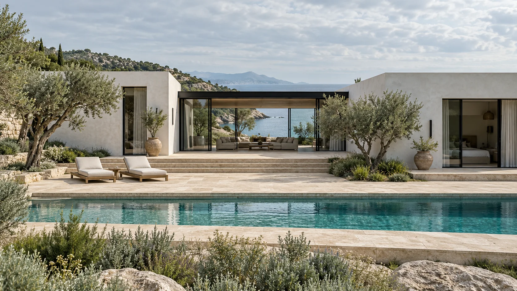 Visual study of a fictional Mediterranean villa beside a pool